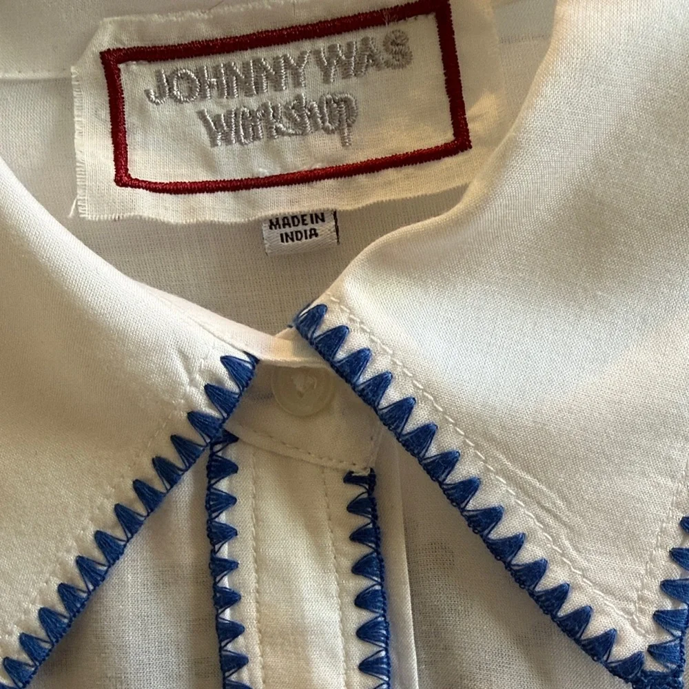 Johnny Was White Shirt with Blue Embroidery - Picture 2 of 15